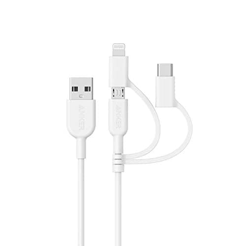 Anker Powerline II 3-in-1 Cable, Lightning/Type C/Micro USB Cable for iPhone, iPad, Huawei, HTC, LG, Samsung Galaxy, Sony Xperia, Android Smartphones, and More(3ft, White)