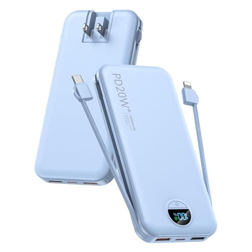 Portable Charger with Built-in Cables and Wall Plug, 10000mAh PD20W USB C Power Bank Fast Charging with LED Display, External Battery Pack Travel Essentials Compatible with iPhone, iPad, Sam