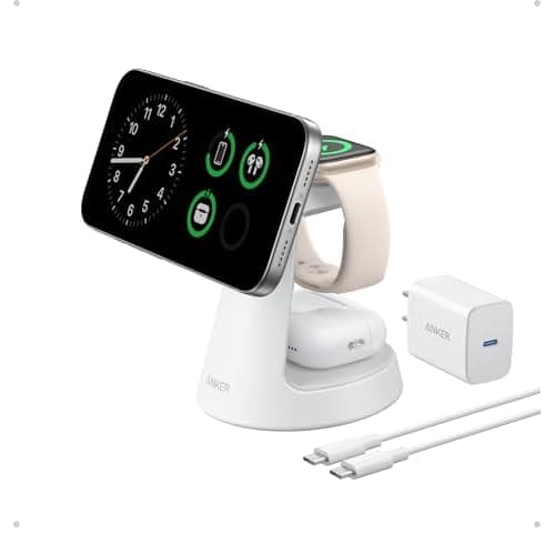 Anker MagSafe Charger Compatible, MagGo 3-in-1 Charging Station, Nano Charging Stand, Qi2 Certified 15W Magnetic Wireless Charger Dock, for iPhone17/16/15/14, Apple Watch,AirPods (Adapter In
