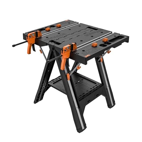 Worx Pegasus 2-in-1 Folding Work Table & Sawhorse, Easy Setup Portable Workbench, 31" W x 25" D x 32" H Lightweight Worktable with Heavy-Duty Load Capacity, WX051 - Includes 2 Clamps & 4 Cla