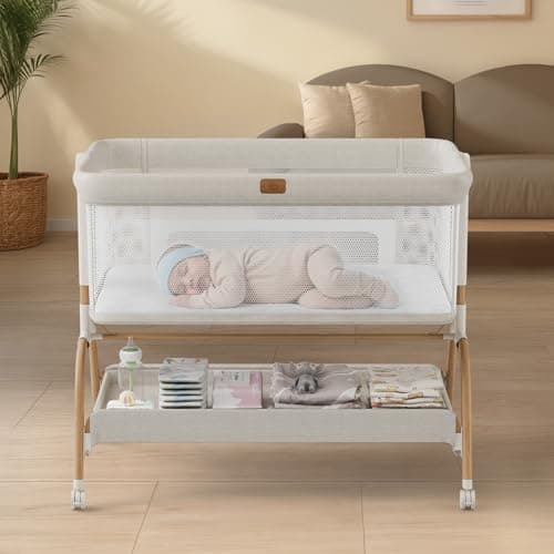 Baby Bassinet Bedside Crib, 3-in-1 Baby Bassinet Bedside Sleeper with Mattress and Soft, Breathable Sheet, Full-Mesh Sides, 6-Height Adjustable, Stable and Secure Crib for Newborns Wood Grai