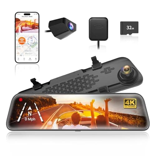 WOLFBOX G840S 12" 4K Mirror Dash Cam with 5.8GHz WiFi, 2160P Full HD Smart Rearview Mirror for Cars & Trucks, Front and Rear Dual Cameras, Night Vision, Reverse Assist, Included 32GB Card &