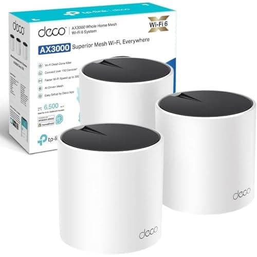 TP-Link Deco X55(3-pack) AX3000Mbps Whole Home Mesh WiFi 6 System, AI-Driven Seamless Mesh, Coverage 6,500 ft2, 150 Devices Connection, WiFi Router, Extender Booster, Easy Setup, Alexa&Googl