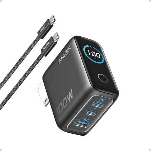 Anker Charger, 100W Max Ultra-Compact 3-Port GaN USB C Charger Block with Smart Display and Touch Control, Fast Wall Adapter for iPhone 17/16 Series, iPad, MacBook (Include Charge Cable, Non