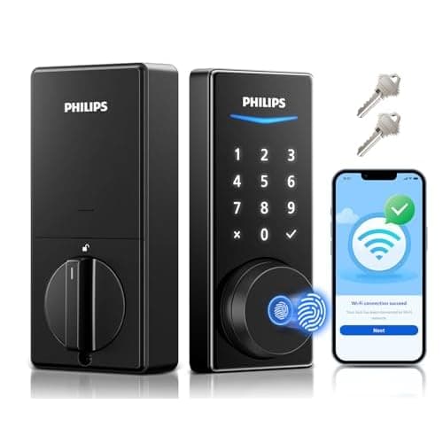 Philips Built-in WiFi Smart Lock, Keyless Entry Door Lock with App, Touchscreen, Fingerprint Door Lock — Compatible with Alexa & Google, Splash-Proof Design, Includes 8 Batteries, Black