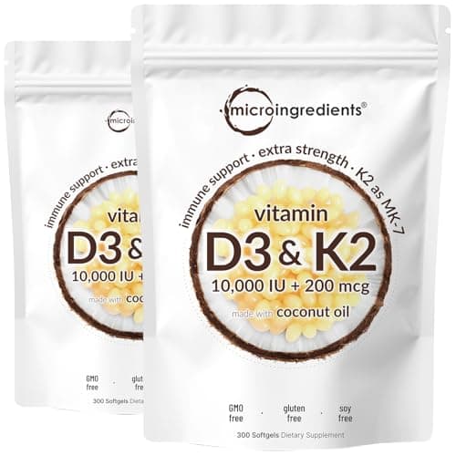 Micro Ingredients Vitamin D3 10,000 IU + K2 MK-7 200 mcg, 600 Softgels with Virgin Coconut Oil (2 Pack) | 2-in-1 Vitamins D & K Complex | Extra Strength, Easy to Swallow, Non-GMO, Gluten Fre