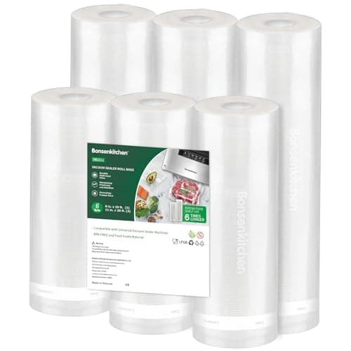 Bonsenkitchen Vacuum Sealer Rolls Bags, 6 Pack 3 Rolls 11" x 20' + 3 Rolls 8" x 20' Commercial Grade BPA Free Bag Rolls, Durable Customized Size Food Vac Bags for Storage and Sous Vide Cooki