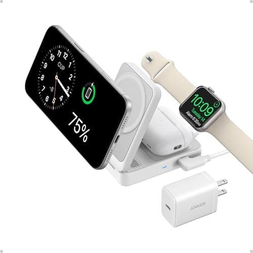 Anker MagGo 3 in 1 iPhone 17 Charging Station, MagSafe-Compatible Wireless Charger Stand, Qi2 Certified 15W Foldable Charger for iPhone 17/16/15/14/13/12, AirPods, Apple Watch Ultra(Adapter