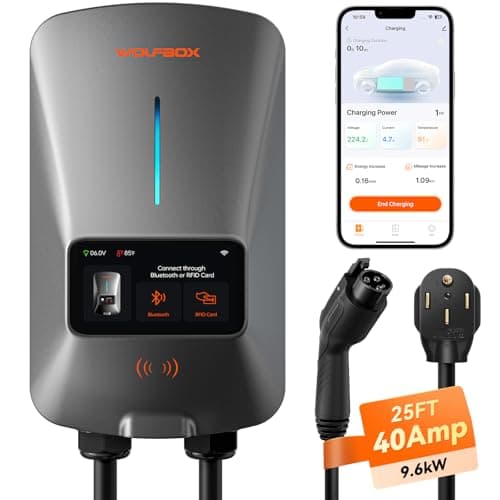 WOLFBOX Level 2 EV Charger 40amp - NEMA 14-50 EVSE with J1772 Connector - CSA Certified Wall Home EV Charger - 25FT Cable,Outdoor/Indoor,RFID Card,WiFi Enabled, 240V Electric Vehicle Chargin