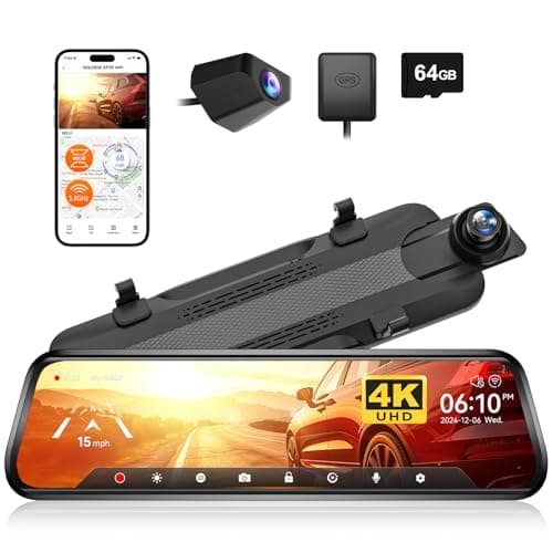 WOLFBOX G930 10'' Rear View Mirror Camera with 5.8GHz WiFi, 4K Dash Cam Front and Rear with WDR, Touch Screen Rearview Mirror Backup Camera, Parking Monitor, Reverse Assist, Includes 64GB Ca