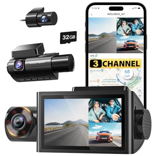 WOLFBOX i07 3 Channel Dash Cam Built-in WiFi GPS, 4K Dash Camera Front and Inside, 1440P+1080P+1080P Triple Car Camera with 3" LCD Screen, 32GB Card Included, IR Night Vision, 24H Parking Mo