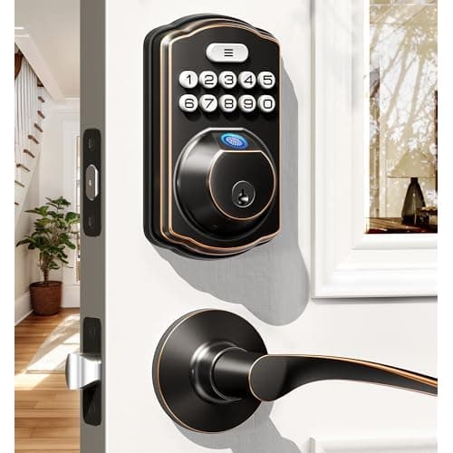 Veise Fingerprint Door Lock with 2 Lever Handles - Keyless Entry Door Lock, Electronic Keypad Deadbolt, Digital Smart Code & Front Handle Sets, Auto-Locking, Easy Installation, Oil Rubbed Br