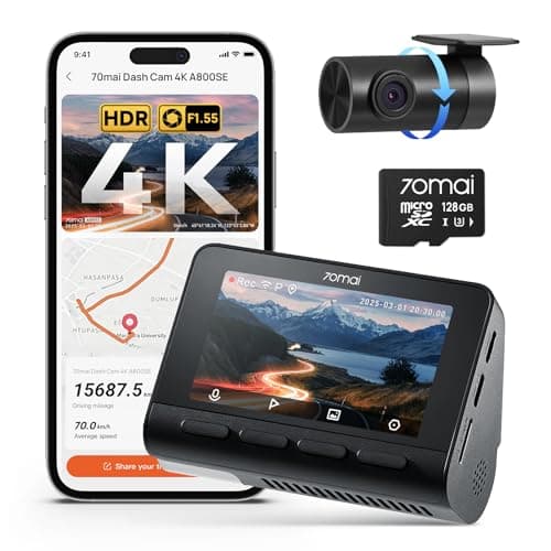 70mai A800SE Dashcam Auto Vorne Hinten 4K HDR 2160P+1080P mit 128GB SD Karte, Dual Autokamera 3" IPS, F1.55 Blende Nachtsicht, 210Sek.Puffer Notfall-Voraufzeichnung, Parküberwachung, Max 512
