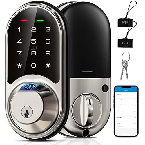 Veise RZ07 Fingerprint Smart Lock, 7-in-1 Smart Locks for Front Door, Keyless Entry Door Lock with App Control, Biometric Electronic Touchscreen Keypad Deadbolt, Satin Nickel