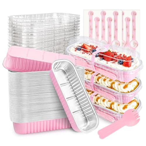 NPLUX 50 PACK Mini Cake Pans with Lids and Spoons,Rectangular Aluminum Foil Bread Pan,Mini Loaf Pans and Food Containers with Lids Mothers Day Gifts Party Favors(Pink,6.8oz) Pink 50