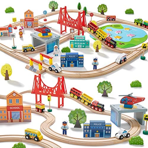 Tiny Land 110PCS Wooden Train Set – Toy Train with Tracks for Kids Ages 3-7, Compatible with Major Brands, Ideal Railway Playset for Boys and Girls, Great Birthday 110PCS Train Set