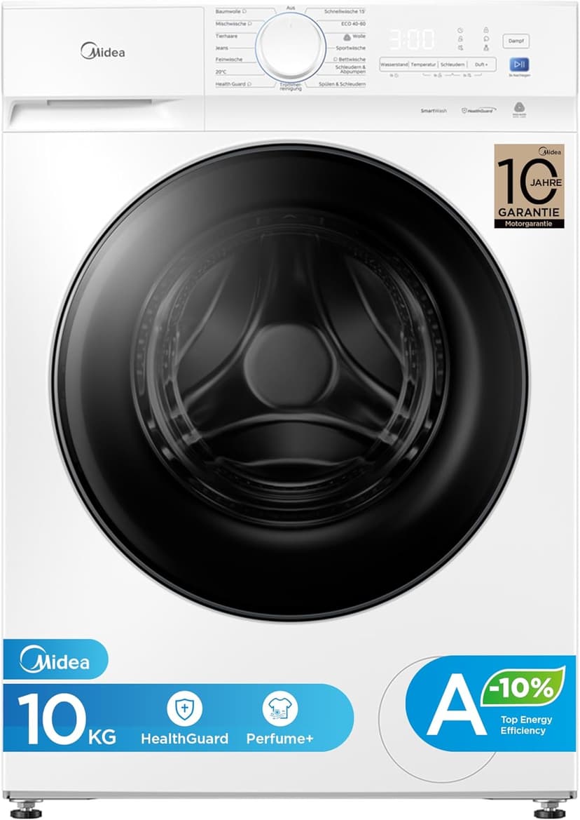 Midea Waschmaschine V3 series, 10 kg | Energieeffizienzklasse A-10% | 1400 U/min| Dampffunktion | Tierhaare| 15-Min Schnellwäsche | Woolmark-Zertifiziert MFV3EW100BA10 | Weiß
