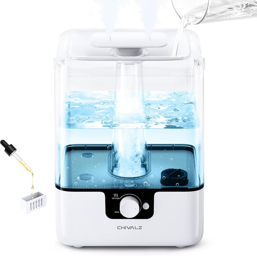 6L Humidifiers for Bedroom Large Room Home, CHIVALZ Cool Mist Top Fill Humidifier for Baby Nursery and Plants, 26dB Quiet, Nightlight, 50H Runtime, Oil Diffuser, 360° Nozzle, Anti-dry Burn W