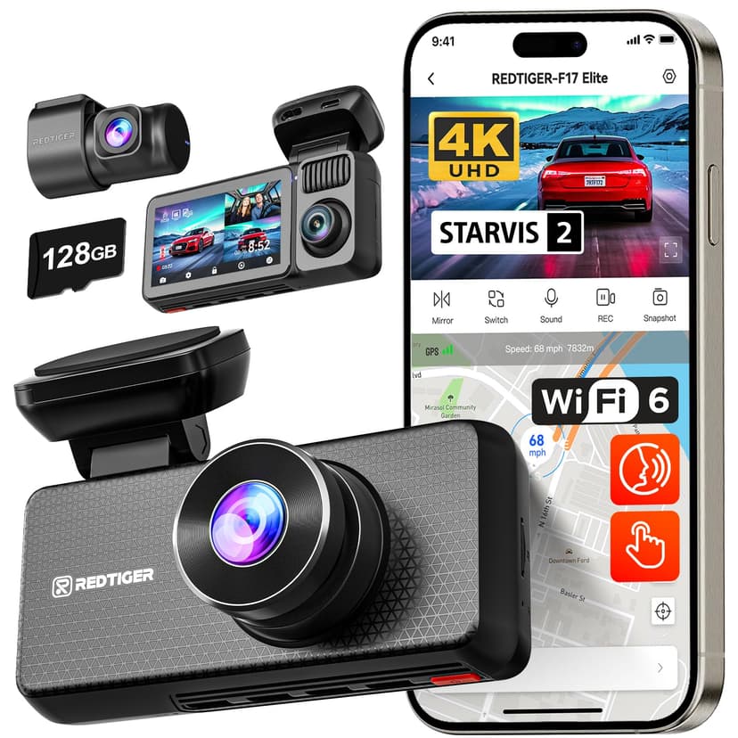 REDTIGER F17 Elite 4K Dash Cam 3 Channel, STARVIS 2 IMX678 & IMX675, 128GB Card, Full Night Color, 4K+2.5K+1080P Front and Rear Inside, Voice Control, 5GHz WiFi-30MB/s Download, GPS, HDR, Pa