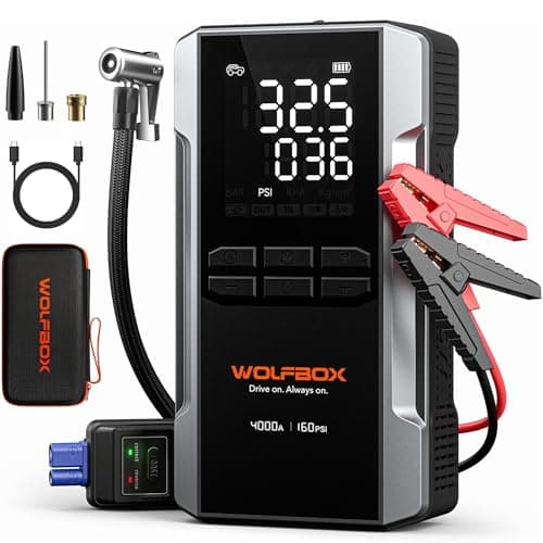 WOLFBOX 4000A Jump Starter with 160PSI Air Compressor, 12V Car Battery Booster, 88.8Wh Portable Jump Box (10.0 Gas/10.0L Diesel) with 65W Fast Charging, Tire Inflator, Jumper Cables, and LED