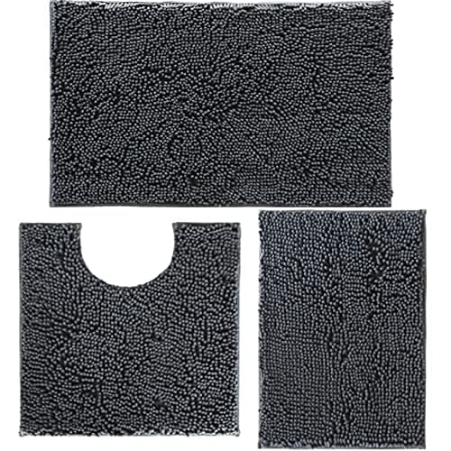 Bathroom Rugs Set Non Slip 3 Piece Bath Mat Washable Chenille Bath Rugs with PVC Backing Bath Carpet,Absorbent Bathroom Mats with Toilet Rug,Bath Mats for Bathroom,Bedroom, Kitchen,Tub,Home